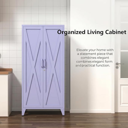 61" Tall Farmhouse Metal Pantry Cabinet with 3 Adjustable Shelves, 4-Tier Storage Organizer, 2-Door Freestanding Storage Cabinets, Easy Assembly, for Kitchen, Entryway, Home Office, Kids Room, Purple