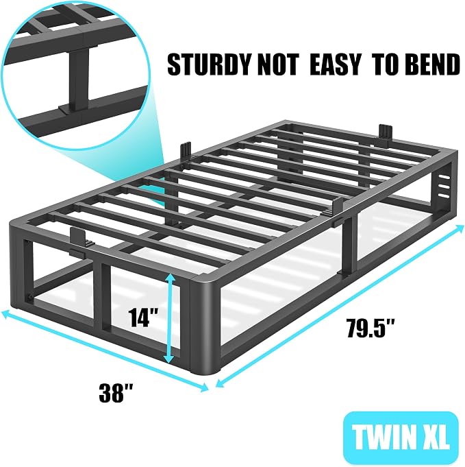Bilily Metal Heavy Duty 14 inch Twin XL Bed Frame with Rounded Corner and Headboard Hole Mattress Retainers 3500 LBS No Box Spring Needed Platform Noise Free Easy Assembly