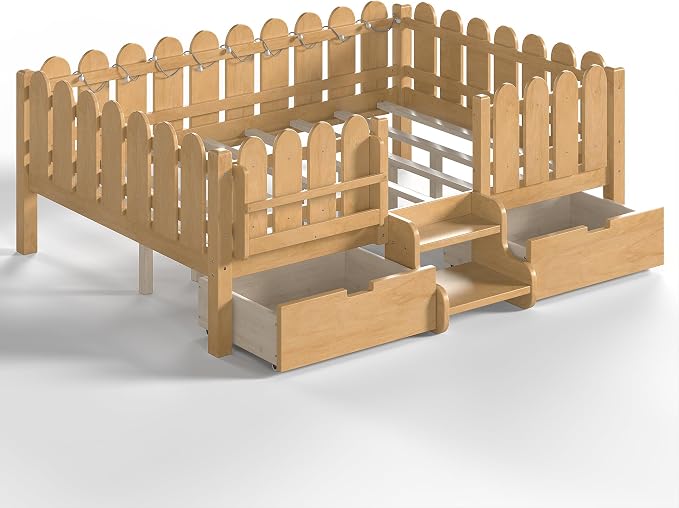 Bellemave Full Size Montessori Bed with Stairs, Lights, Rails and Slats, Full Size Montessori Floor Bed with Bookshelf and 2 Storage Drawers, Easy Assemble Beds Frame for Girls, Boys, Light Natural