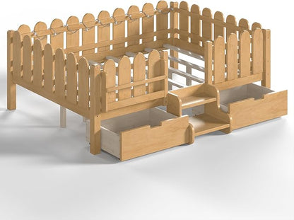 Bellemave Full Size Montessori Bed with Stairs, Lights, Rails and Slats, Full Size Montessori Floor Bed with Bookshelf and 2 Storage Drawers, Easy Assemble Beds Frame for Girls, Boys, Light Natural