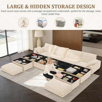 Upgrade Boneless Couch with Storage, Extra Deep&High Seat Modular Sectional Sofa 4 Seater U Shaped Cloud Couch with Ottoman, Tool-Free Assembly Sectional Couches for Living Room