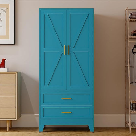71" Tall Metal Armoire Wardrobe Closet,17.7" Deep By 31.5" Wide Portable Closet for Hanging Clothes,Wardrobe Cabinet with Drawers and Shelves for Bedroom Office Garage,Blue 1 Pack