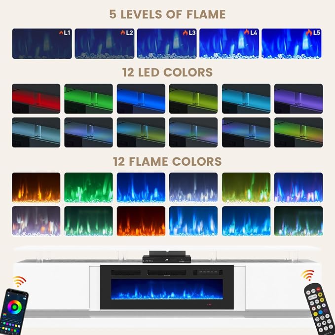 80" Fireplace TV Stand, Modern Entertainment Center for TVs Up to 90", TV Console with Storage Cabinets, Media Console for Living Room, WI-FI Enabled White TV Stand and Black Fireplace