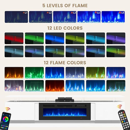 80" Fireplace TV Stand, Modern Entertainment Center for TVs Up to 90", TV Console with Storage Cabinets, Media Console for Living Room, WI-FI Enabled White TV Stand and Black Fireplace