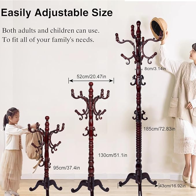 Wooden Coat Rack Freestanding, Hall Tree Hanger With Resin Hooks, Adjustable Heavy Duty Coat Rack for Hanging Clothes Bags Hats in Living Room Bedroom (coat rack, 3 Prong Legs-Rosewood Color)