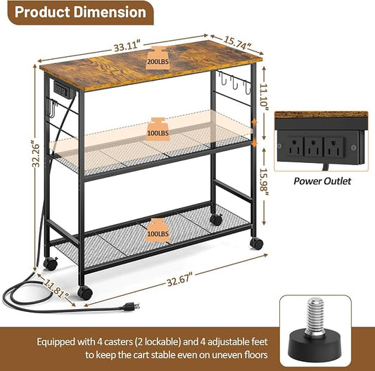 3 Tier Rolling Kitchen Microwave Cart with Power Outlet, 33 Inch Microwave Table Stand with Adjustable Shelf, Kitchen Storage Island Utility Cart Bakers Rack Coffee Bar for Living Room, Office