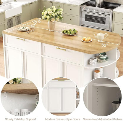 HSH 63” Large Kitchen Island with Storage & Seating, Modern Counter Height Island Table with 2 Drawers & Cabinets, 3 Oval Open Shelves, Stationary Island Prep Table for Kitchen Dining Room, Light Oak