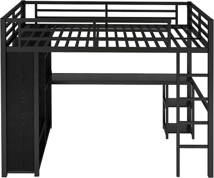 Bellemave Full Size Loft Bed with Desk, Wardrobe, Metal Full Loft Bed Frame for Adults, Kids, Teens, Black