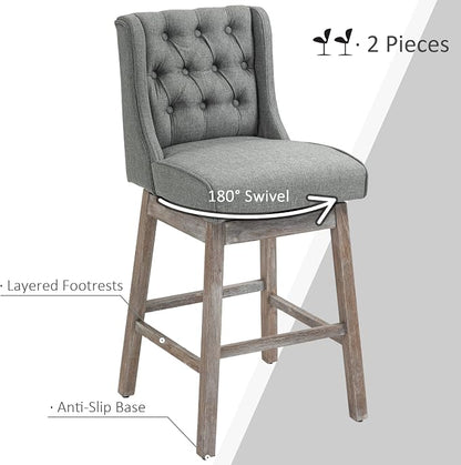 HOMCOM Bar Height Bar Stools Set of 2, 180 Degree Swivel Barstools with Solid Wood Footrests and Button Tufted Design, 30" Seat Height Bar Chairs for Kitchen Island, Gray