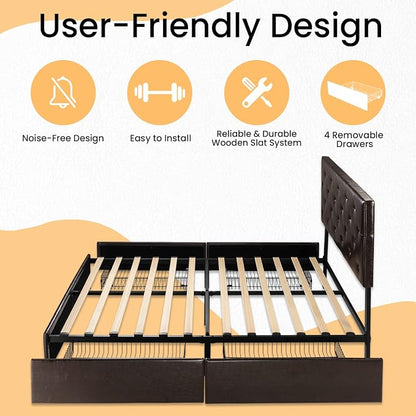 SHA CERLIN Upholstered Full Size Platform Bed Frame with 4 Storage Drawers, Adjustable Headboard with Diamond Stitched Button Tufted Design, Wooden Slat Support, No Box Spring Needed, Black Brown