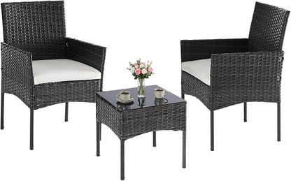 NEWBULIG 3-Piece Patio Furniture Set, Weather-Resistant Outdoor Wicker Furniture with Washable Cushion & Tempered Glass Tabletop, Durable Outdoor Seating for Balcony, Porch, Deck Black