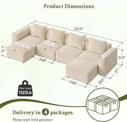 Welzona 132" Sectional Couch, Locked-in Modular Sectional Sofa, Wood Frame Couches for Living Room, 22" Deep Seat U Shaped Couch with Ottoman Chenille Cloud Sofa Tool-Free Setup Sofas for Living Room