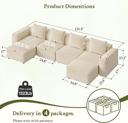 Welzona 132" Sectional Couch, Locked-in Modular Sectional Sofa, Wood Frame Couches for Living Room, 22" Deep Seat U Shaped Couch with Ottoman Chenille Cloud Sofa Tool-Free Setup Sofas for Living Room