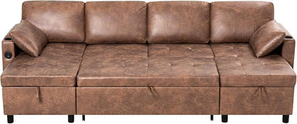 110 inches Suede Leather Sleeper Sofa w/Pull Out Bed, U-Shape Sectional Sofa Bed w/Adjustable Backrest and Storage Chaises, 4-Seats Upholstered Sofa Bed w/USB Port for Living Room, Brown