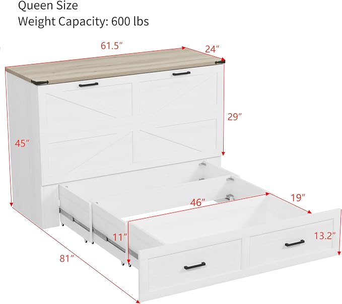 Merax Modern Farmhouse Solid Wood Murphy Cabinet Bed with Charging Station, Foldable Wall Platform Bed with Storage Drawer/No Box Spring Needed/Easy Assemble/Queen, White