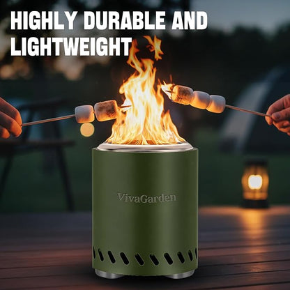 Smokeless Tabletop Fire Pit, VivaGarden Portable Outdoor Fire Pit for Camping, Patio, Backyard, Wood and Pellets Burning Camping Stove with Carry Bag, Forks, Mat and Pot Stand (9.7x7.1 Inch, Green)