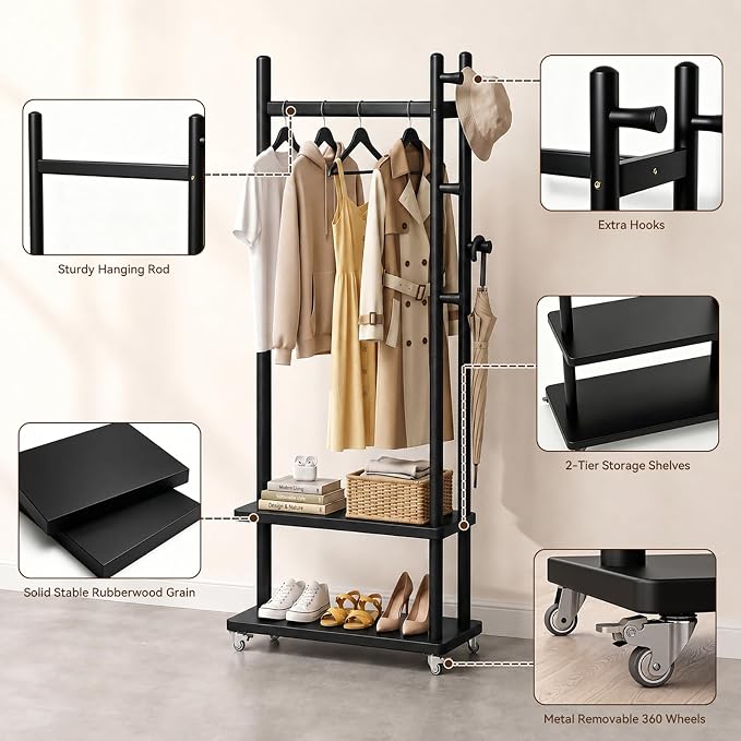 Taitiy Solid Wood Coat Rack Freestanding, Coat Rack Stand with 2 Shelves & 4 Hooks, Coat Tree for Entryway, Hallway, Bedroom, Living Room, Office - Clothing Rack for Coats, Hats, Bags (Black-S-Wheel)