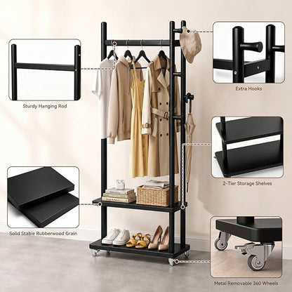 Taitiy Solid Wood Coat Rack Freestanding, Coat Rack Stand with 2 Shelves & 4 Hooks, Coat Tree for Entryway, Hallway, Bedroom, Living Room, Office - Clothing Rack for Coats, Hats, Bags (Black-S-Wheel)