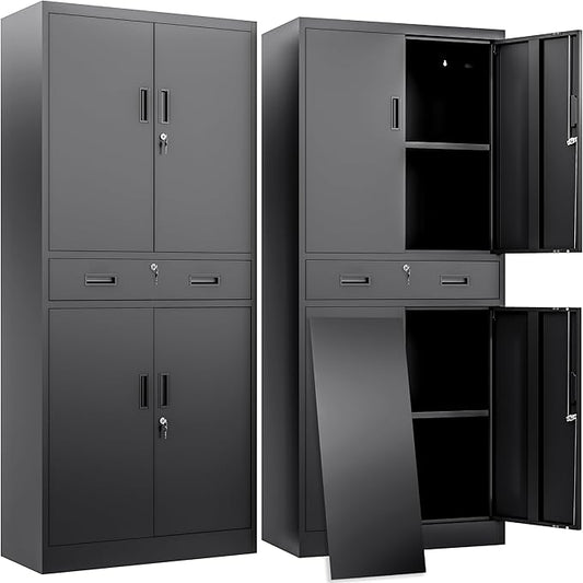 BESFUR Metal Storage Cabinet with a Drawer 4 Doors and 2 Adjustable Shelves Garage Storage Cabinet with Lock 71" Office Storage Cabinets Locking Cabinets for Garage Office Shop Home (Black)