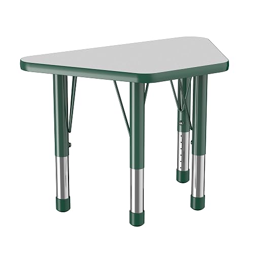 FDP Trapezoid Activity School and Classroom Kids Table (18 x 30 inch), Chunky Toddler Legs for Collaborative Seating Environments, Adjustable Height 15-24 inches - Gray Top and Green Edge