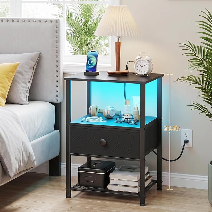 LOAKEKEL Nightstands Set of 2 with Charging Station, Night Stand with LED Lights, End Tables Living Room with Storage Shelf, Bed Side Tables with Storage Drawer for Bedroom, Black, HETS01BK
