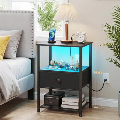 LOAKEKEL Nightstands Set of 2 with Charging Station, Night Stand with LED Lights, End Tables Living Room with Storage Shelf, Bed Side Tables with Storage Drawer for Bedroom, Black, HETS01BK