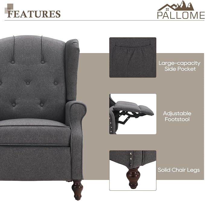 Wingback Recliner Chair with Massage and Heat Tufted Fabric Push Back Arm Chair, Recliner Chair for Living Room Bedroom Home Theater (1,Grey)