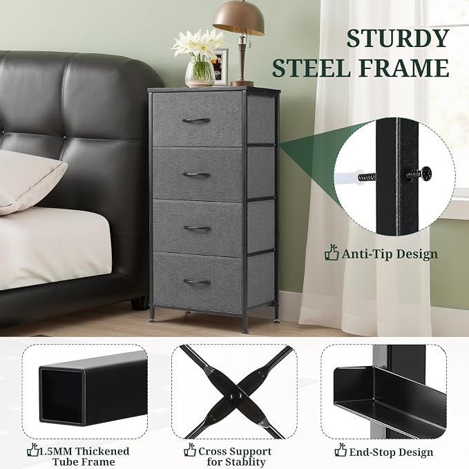 4 Drawers Dresser for Bedroom, Fabric Storage Tower Organizer with Wooden Top and Steel Frame, Tall Chest of Drawers for Closet, Entryway, Dorm, Gray