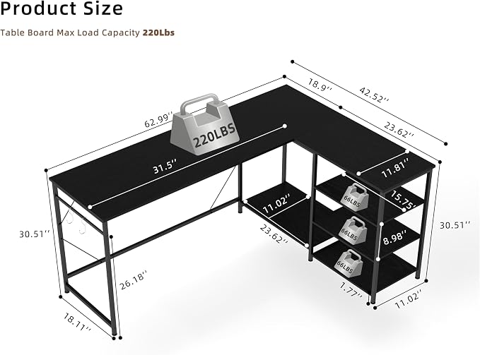 YOSHOOT 63" L Shaped Computer Desk, Gaming Desk | Office Desk with Open Shelves, Corner Desk L Shape for Home Office Work Study, Black