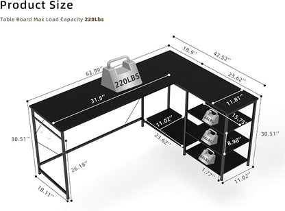 YOSHOOT 63" L Shaped Computer Desk, Gaming Desk | Office Desk with Open Shelves, Corner Desk L Shape for Home Office Work Study, Black