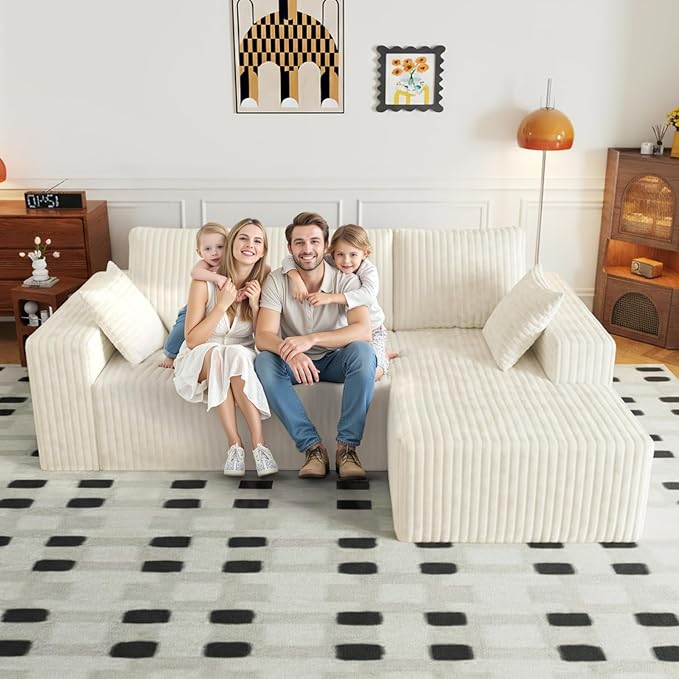 Cloud Boneless Sectional Cream Couches with Oversized Chaise for Living Room, Modular L Shaped Couch with Deep Seat, Memory Foam Compressed 3 Seater Sofa for Apartment