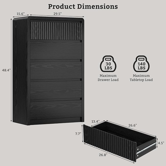 LYNSOM 5 Drawer Dresser for Bedroom, 48" Tall Fluted Dresser with Curved Corners, Wood Dressers & Chests of Drawers with Dual-Panel Design for Bedroom, Entryway, Black