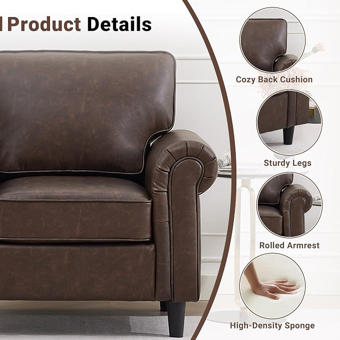 Kingfun Faux Leather 3 Seater Couch, Mid Century Modern Sofa with Rolled Arms and Deep Seats, Fluffy Comfort for Living Room, Apartment, Easy Assembly, Cocoa