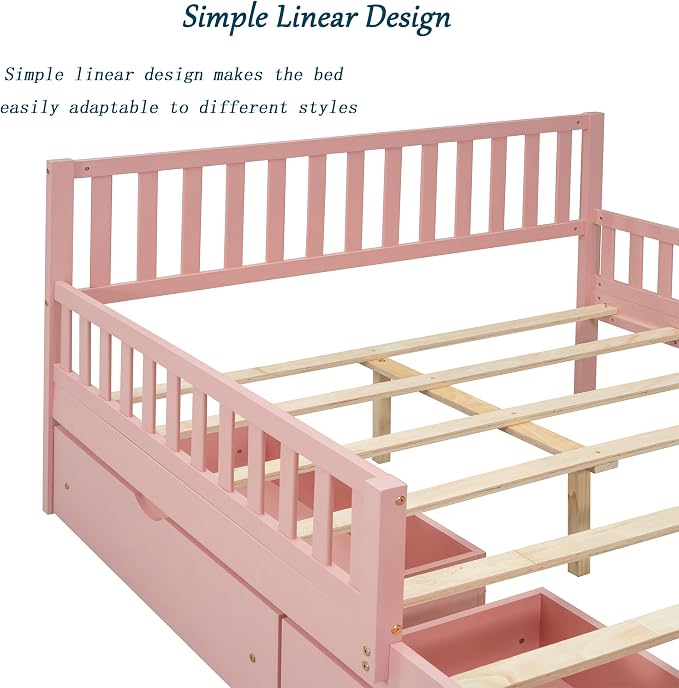 Kids Twin Size Bed Frame with Storage Drawers, Wood Twin Bed Frames for Kids, Twin Bed Frame with Headboard and Footboard for Boys Girls, No Box Spring Needed,Pink
