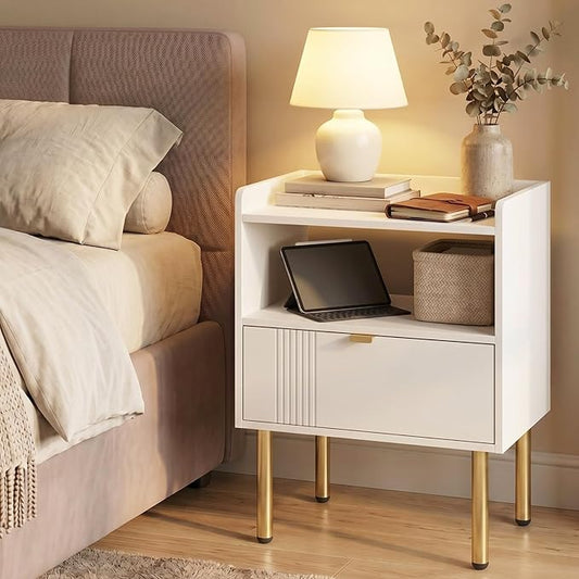 Nightstand, Mid-Century Modern Night Stand Table with Storage Drawer and Open Wood Shelf, Side End Table with Sturdy Metal Legs Small Spaces (White)