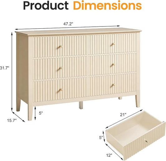 RoyalCraft Beige 6 Drawer Dresser, Fluted Modern Wood Chest of Drawers, Long Dresser for Bedroom TV Stand Storage Cabinet for Living Room