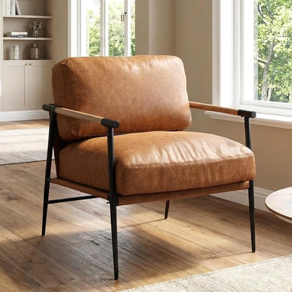 DUOMAY Mid-Century Modern Accent Chair Armchair Brown PU Leather Sofa Lounge Bedroom Chair with Metal Leg for Living Room Reading Office