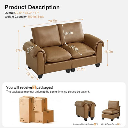 70.5" Faux Leather Modular Sectional Loveseat Sofa, Oversized 2 Seater Upholstered Couch with Curved Armrests, Cloud Modern Deep Seat Love Seat Sofa for Living Room, Light Brown