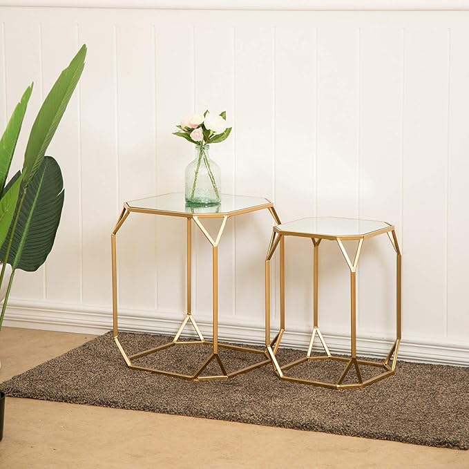 Glitzhome Modern Nesting Tables, Set of 2 Coffee Table with Tempered Glass Top, Side/End Tables for Living Room Bedroom, Accent Tea Tables with Metal Frame - Golden