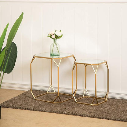 Glitzhome Modern Nesting Tables, Set of 2 Coffee Table with Tempered Glass Top, Side/End Tables for Living Room Bedroom, Accent Tea Tables with Metal Frame - Golden