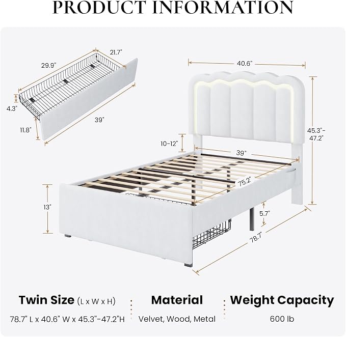 SHA CERLIN Upholstered Twin Size Bed Frame with LED Lights and Large Storage Drawer, Velvet Platform Bed with Adjustable Wavy Headboard, Noise Free, Easy Assembly, No Box Spring Needed, Soft White