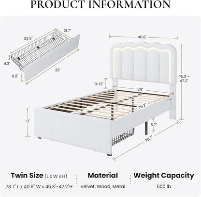 SHA CERLIN Upholstered Twin Size Bed Frame with LED Lights and Large Storage Drawer, Velvet Platform Bed with Adjustable Wavy Headboard, Noise Free, Easy Assembly, No Box Spring Needed, Soft White