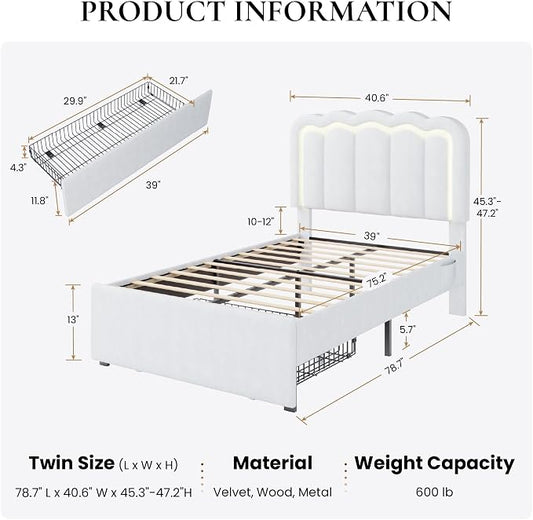 SHA CERLIN Upholstered Twin Size Bed Frame with LED Lights and Large Storage Drawer, Velvet Platform Bed with Adjustable Wavy Headboard, Noise Free, Easy Assembly, No Box Spring Needed, Soft White