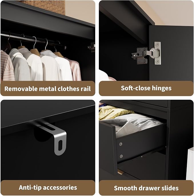 Garvee 70" Wardrobe Armoire Wooden Closet with 2 Doors and 3 Drawers, Bedroom Armoire with Hanging Rod Shelf, Large Capacity Storage Wardrobe Armoire, Freestanding Wooden Closet Storage Cabinet