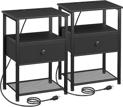 LOAKEKEL Nightstands Set of 2 with Charging Station, Night Stand with Fabric Drawer, End Tables Living Room with Storage Shelf for Small Spaces, Bed Side Tables for Bedroom, Black, HETS010BK