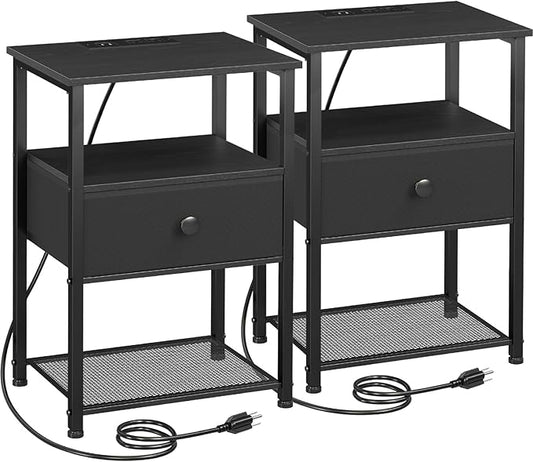 LOAKEKEL Nightstands Set of 2 with Charging Station, Night Stand with Fabric Drawer, End Tables Living Room with Storage Shelf for Small Spaces, Bed Side Tables for Bedroom, Black, HETS010BK