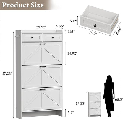 BORNOON Shoe Storage Cabinet for Entryway, Farmhouse Narrow Shoe Cabinet with 3 Flip Drawers & 2 Top Drawers, Adjustable Shelves & Hooks, Freestanding Hidden Rack Organizer for Hallway, Foyer