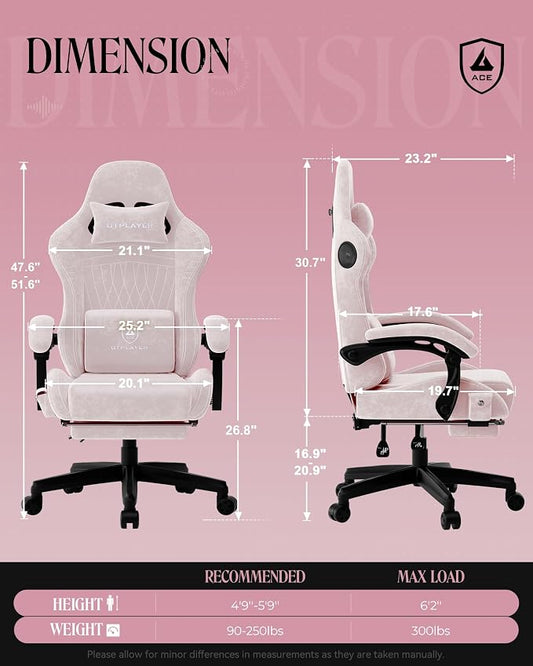 GTPLAYER Gaming Chair with Speakers, Video Game Chairs with Footrest, PC Gamer Chairs for Adults - Padded High Back Ergonomic Reclining Silla Gamer, Linkage Armrest, ACE Pro, Pink (Velvet)