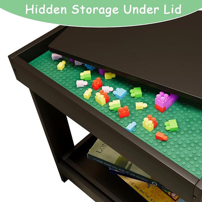 2 in 1 Kids Activity Train Table with Board and Storage, Wooden Play Table for Arts Draw, Building Blocks, Reading