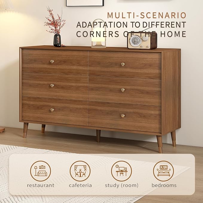 Messenya 6 Drawer Dresser for Bedroom, 47 Inch Walnut Dresser for Closet, Mid Century Wood Chest of Drawers with Natural Texture & Pre-Embedded Slots for TV Stand, Living Room, Hallway, Office